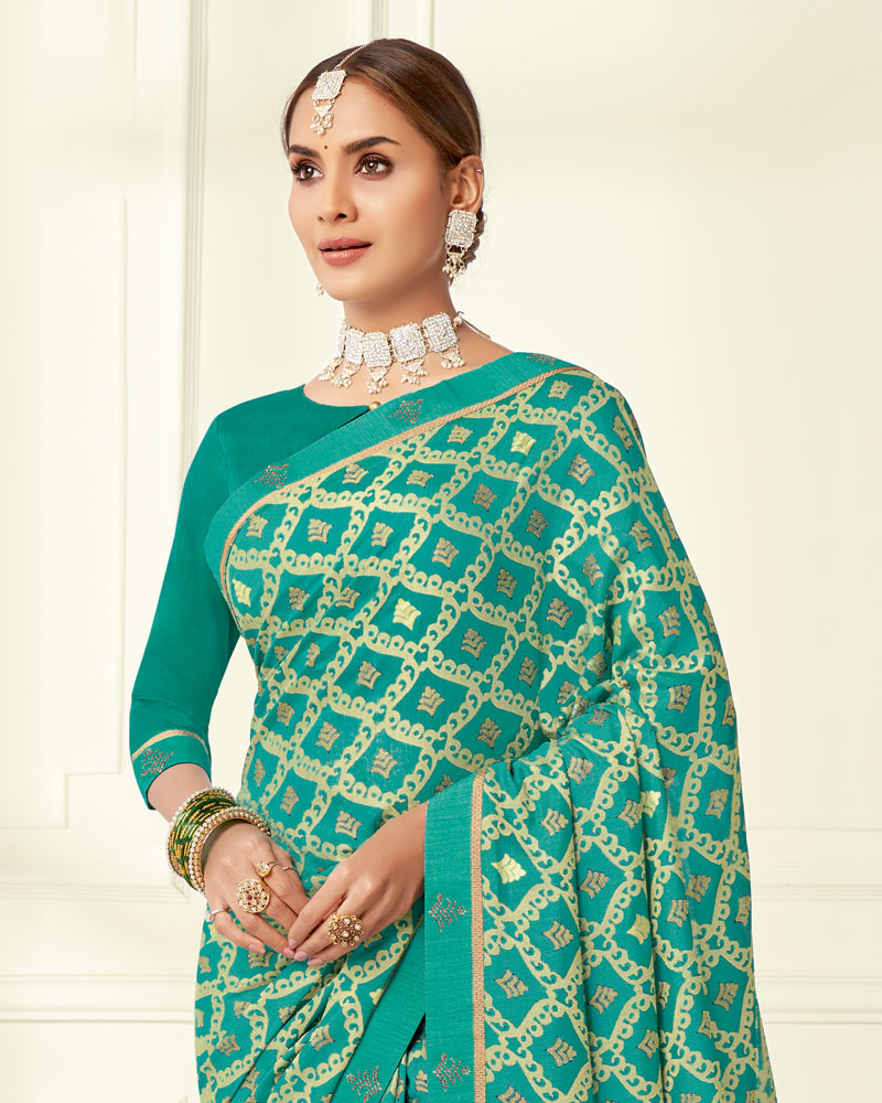 Vishal Prints Teal Green Printed Silk Brasso Saree With Foil Print And Fancy Border