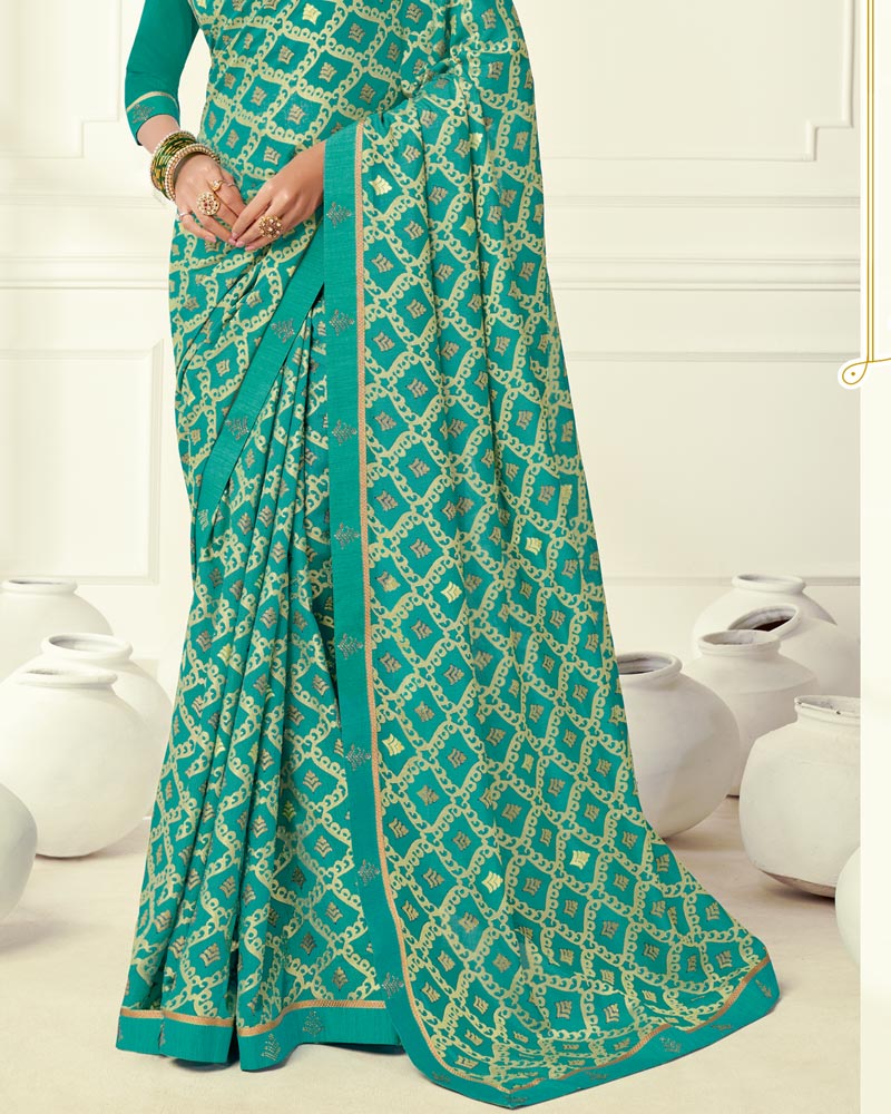 Vishal Prints Teal Green Printed Silk Brasso Saree With Foil Print And Fancy Border