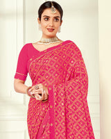 Vishal Prints Red Pink Printed Silk Brasso Saree With Foil Print And Fancy Border