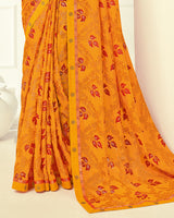 Vishal Prints Yellowish Orange Printed Silk Brasso Saree With Foil Print And Fancy Border