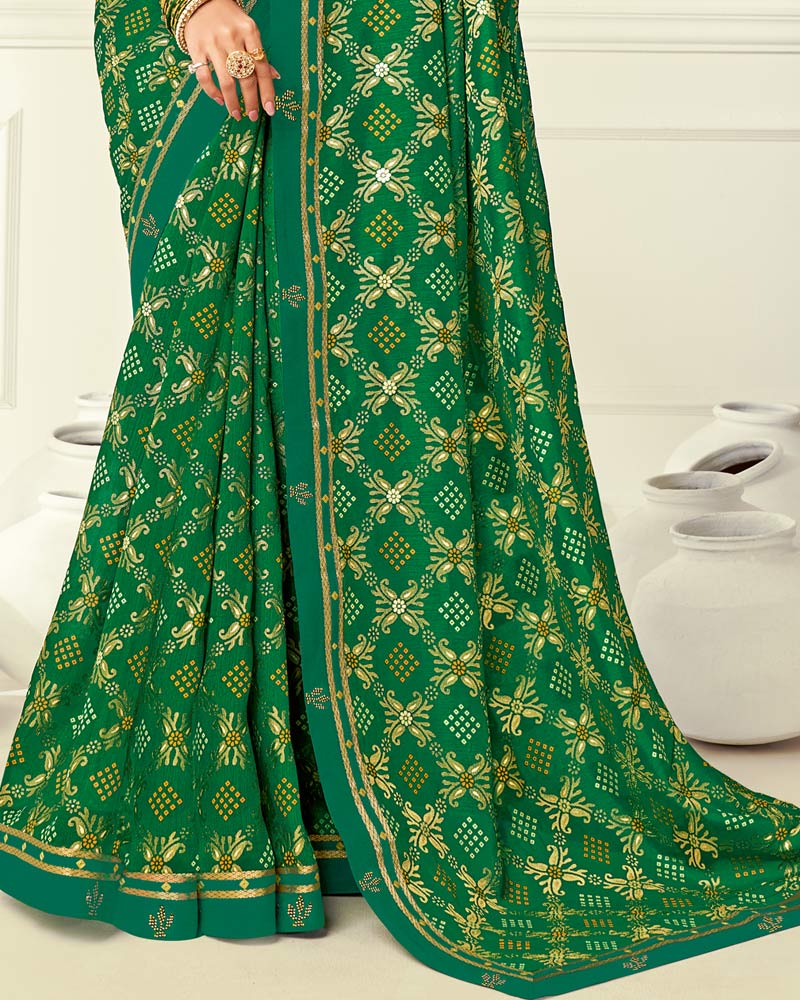 Vishal Prints Dark Green Printed Silk Brasso Saree With Foil Print And Fancy Border