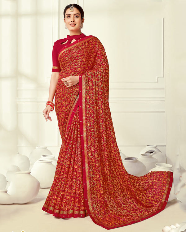 Vishal Prints Dark Red Printed Silk Brasso Saree With Foil Print And Fancy Border