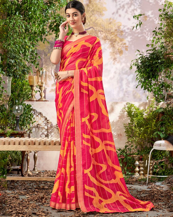 Vishal Prints Red Pink Printed Patterned Chiffon Saree With Core Piping