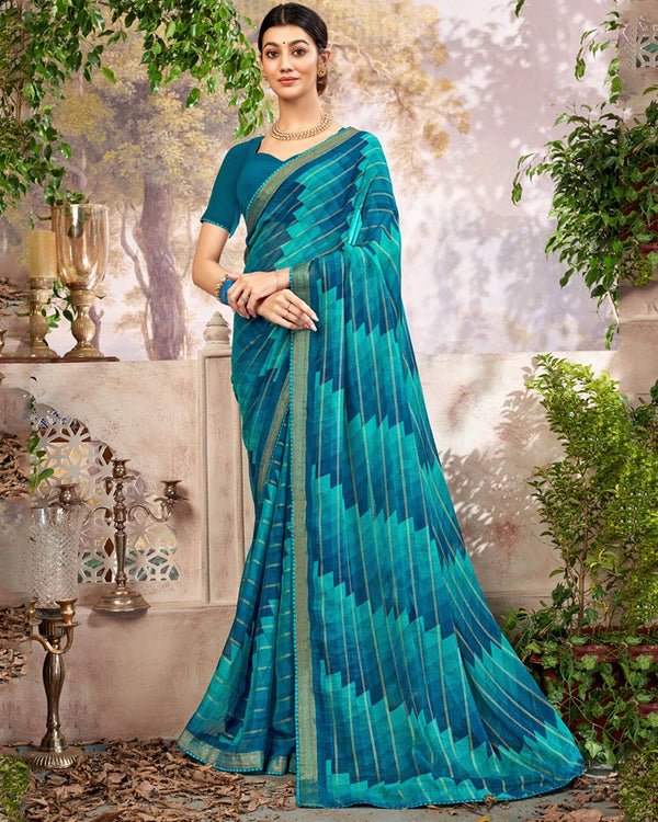 Vishal Prints Peacock Blue Printed Patterned Chiffon Saree With Core Piping