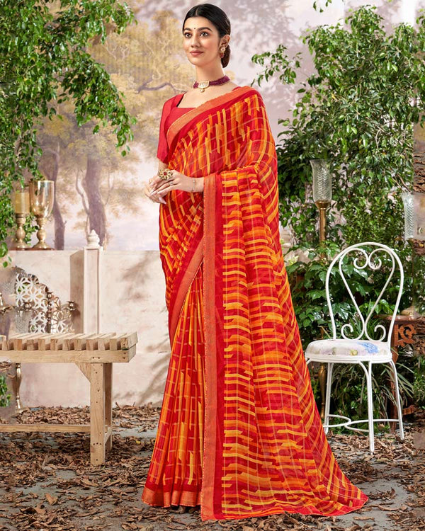 Vishal Prints Dark Red Printed Patterned Chiffon Saree With Core Piping