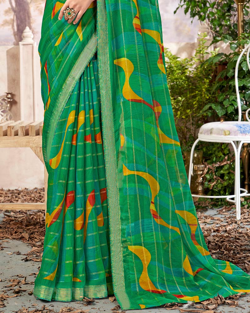 Vishal Prints Dark Sea Green Printed Patterned Chiffon Saree With Core Piping