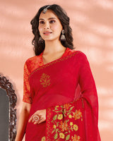 Vishal Prints Dark Red Designer Chiffon Saree With Embroidery And Diamond Work