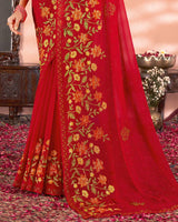 Vishal Prints Dark Red Designer Chiffon Saree With Embroidery And Diamond Work