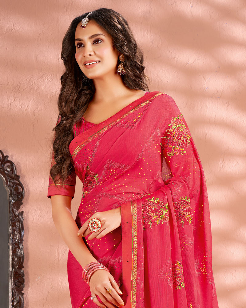 Vishal Prints Red Pink Designer Chiffon Saree With Embroidery And Diamond Work