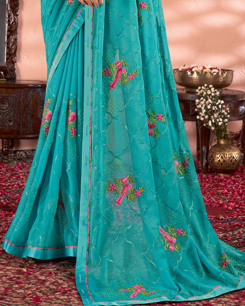 Vishal Prints Pastel Teal Green Designer Chiffon Saree With Embroidery And Diamond Work