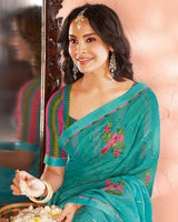 Vishal Prints Pastel Teal Green Designer Chiffon Saree With Embroidery And Diamond Work