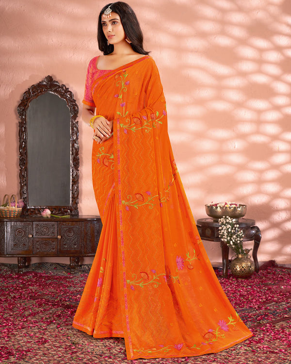 Vishal Prints Dark Orange Designer Chiffon Saree With Embroidery And Diamond Work