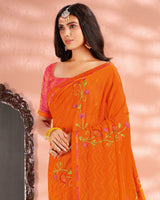 Vishal Prints Dark Orange Designer Chiffon Saree With Embroidery And Diamond Work