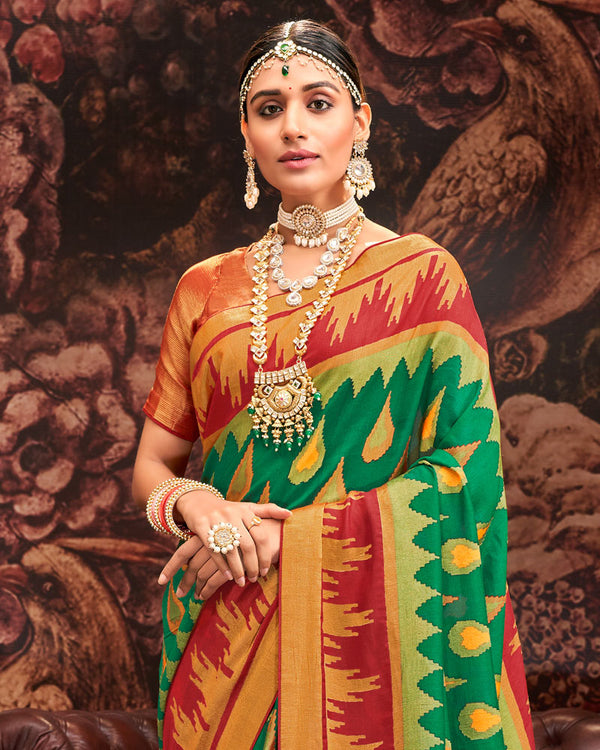 Vishal Prints Dark Green And Red Silk Brasso Saree With Tassel