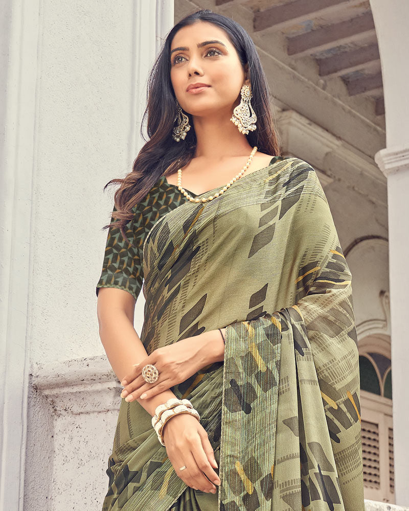 Vishal Prints Sage Green Printed Fancy Chiffon Saree With Core Piping