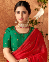 Vishal Prints Cherry Red Designer Chiffon Saree With Diamond Work And Fancy Piping