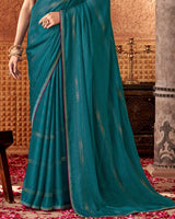 Vishal Prints Dark Teal Blue Designer Chiffon Saree With Diamond Work And Fancy Piping