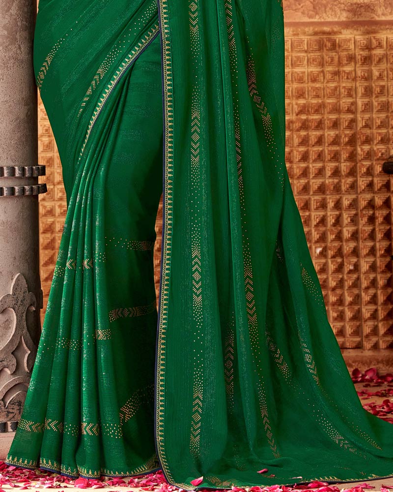 Vishal Prints Dark Green Designer Chiffon Saree With Diamond Work And Fancy Piping