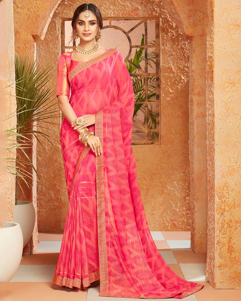Vishal Prints Red Pink Georgette Saree With Foil Print And Zari Border