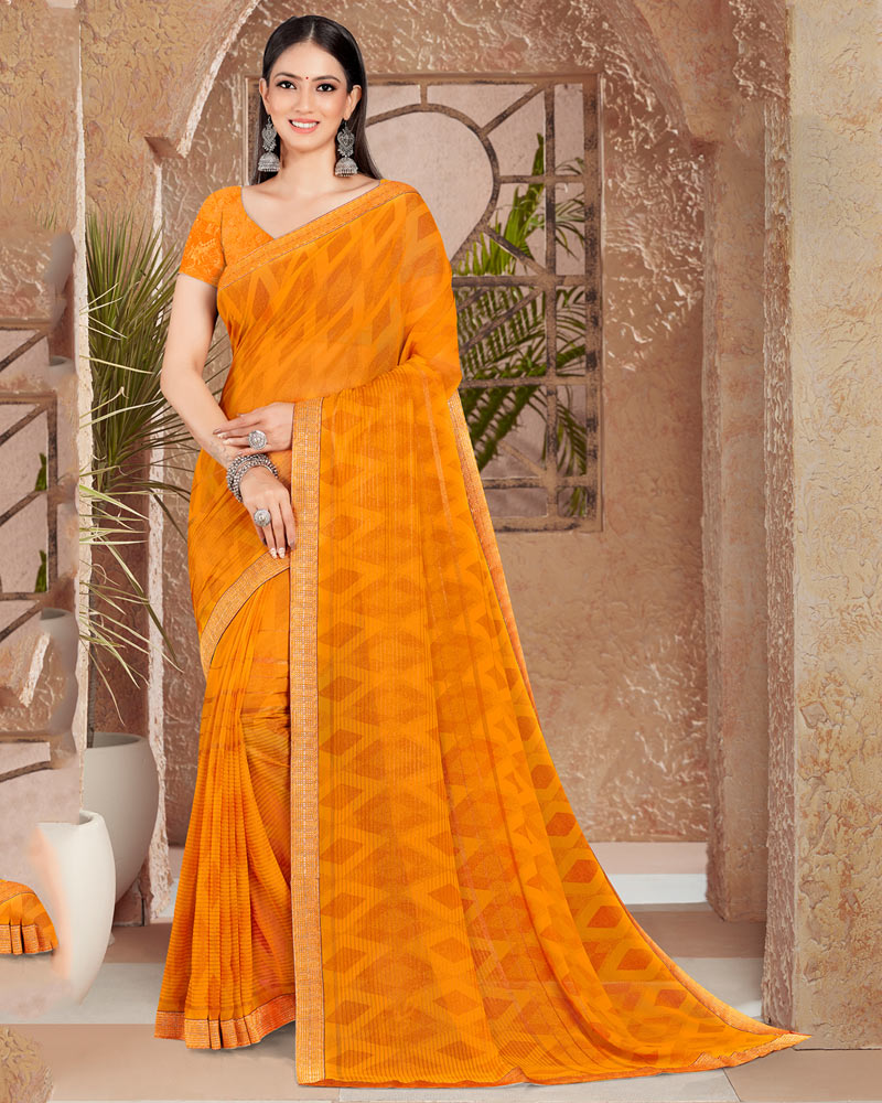 Vishal Prints Orange Georgette Saree With Foil Print And Zari Border