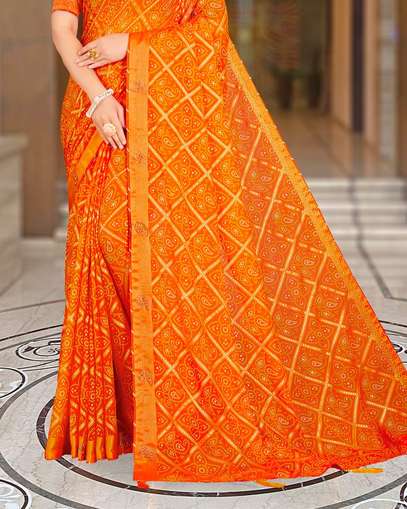 Vishal Prints Orange Printed Brasso Bandhani Print Saree With Diamond And Foil Print