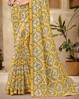 Vishal Prints Pastel Yellow Printed Georgette Saree With Fancy Border
