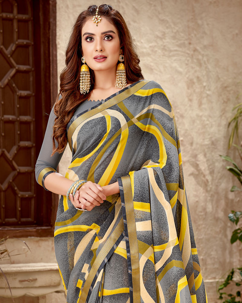 Vishal Prints Grey And Yellow Printed Georgette Saree With Fancy Border