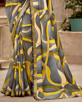 Vishal Prints Grey And Yellow Printed Georgette Saree With Fancy Border
