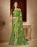 Vishal Prints Dark Olive Green Printed Chiffon Saree With Fancy Border