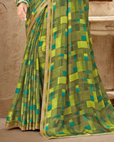 Vishal Prints Dark Olive Green Printed Chiffon Saree With Fancy Border