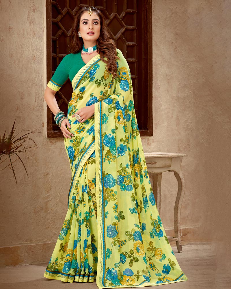 Vishal Prints Olive Yellow Printed Georgette Saree With Fancy Border