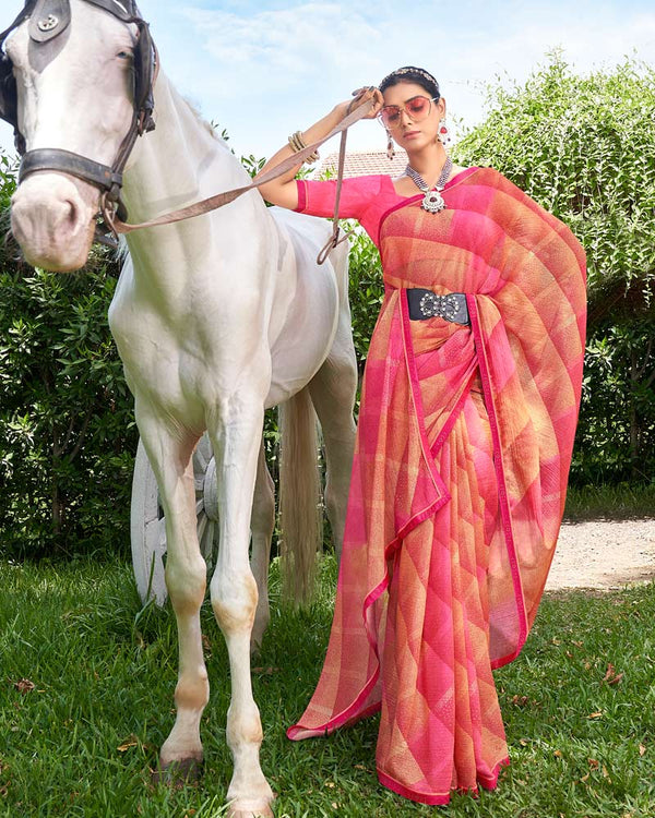 Vishal Prints Pink Digital Print Chiffon Saree With Foil Print And Diamond Piping