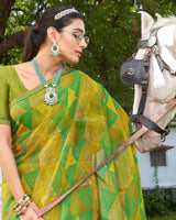 Vishal Prints Olive Green Digital Print Chiffon Saree With Foil Print And Diamond Piping