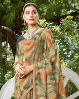 Vishal Prints Sage Green Digital Print Chiffon Saree With Foil Print And Diamond Piping