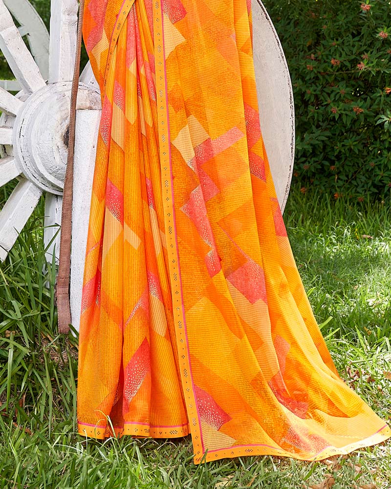 Vishal Prints Yellowish Orange Digital Print Chiffon Saree With Foil Print And Diamond Piping