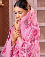 Vishal Prints Rose Pink Georgette Saree With Satin Border