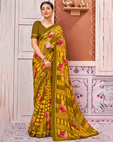 Vishal Prints Dark Yellow Georgette Saree With Satin Border