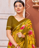 Vishal Prints Dark Yellow Georgette Saree With Satin Border