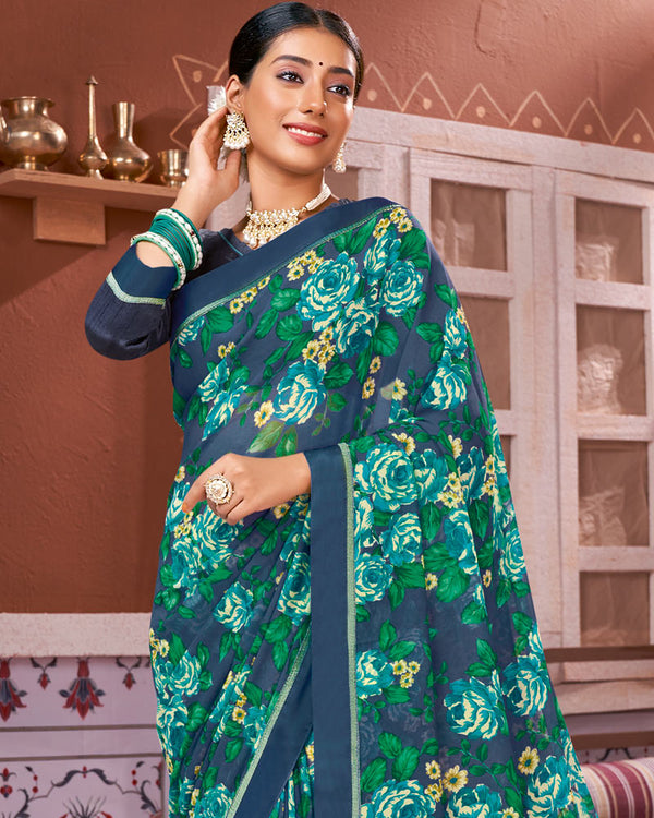 Vishal Prints Dark Blue And Green Georgette Saree With Satin Border