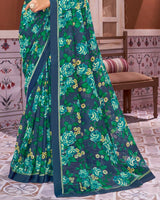 Vishal Prints Dark Blue And Green Georgette Saree With Satin Border