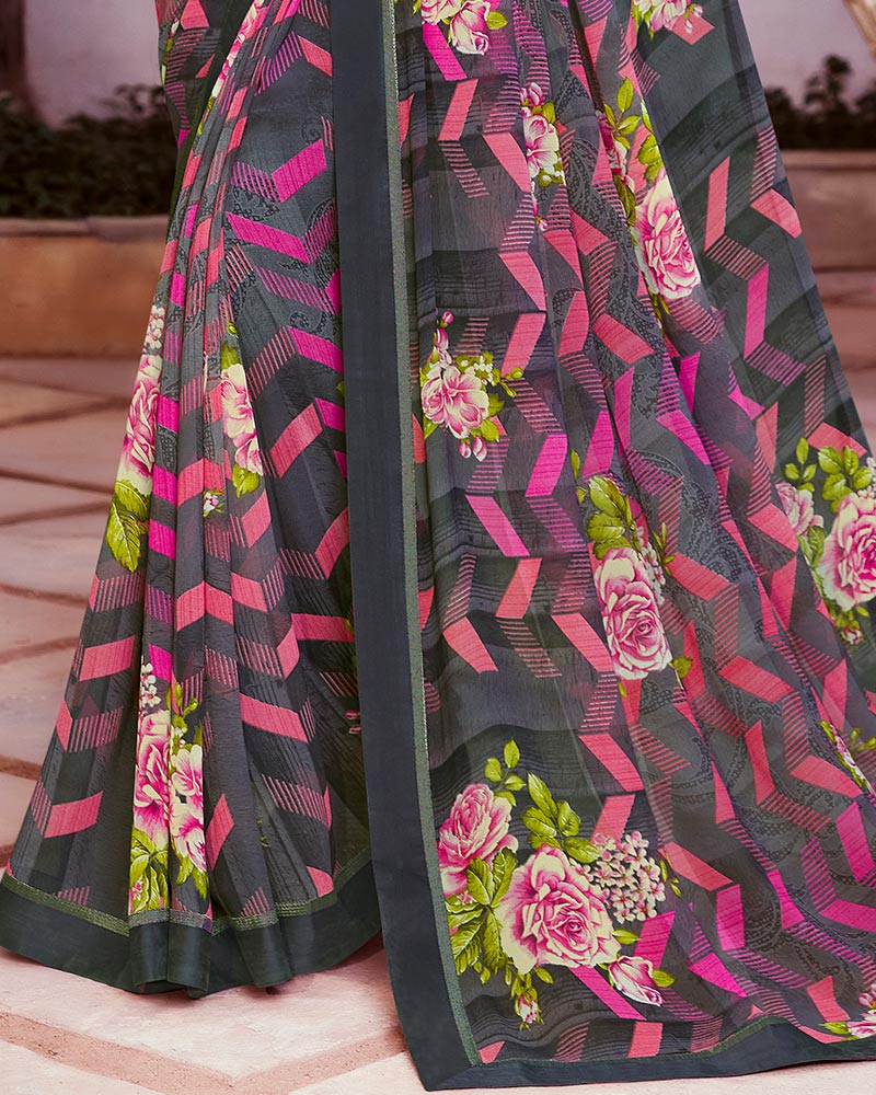 Vishal Prints Grey And Dark Pink Printed Georgette Saree With Satin Border
