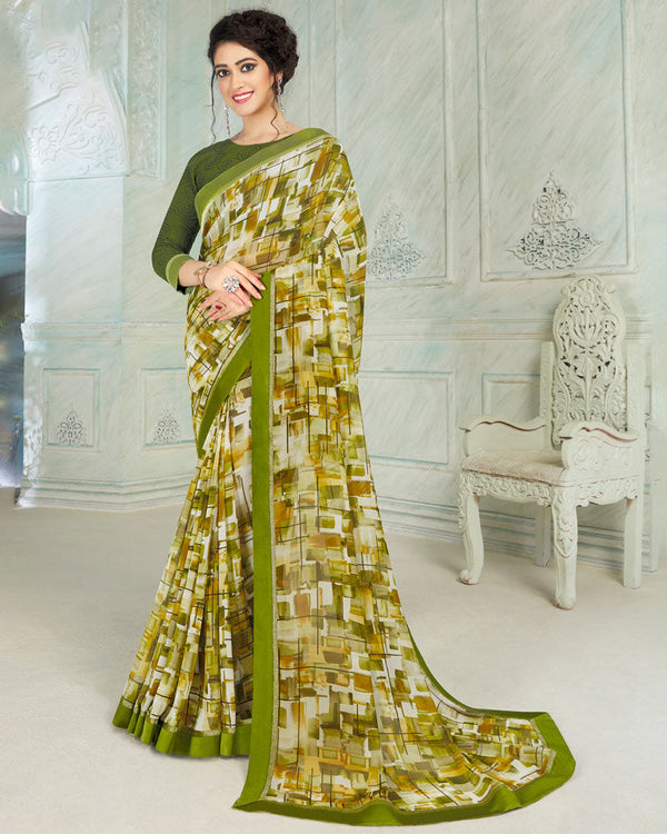 Vishal Prints Mehandi Green Printed Georgette Saree With Border