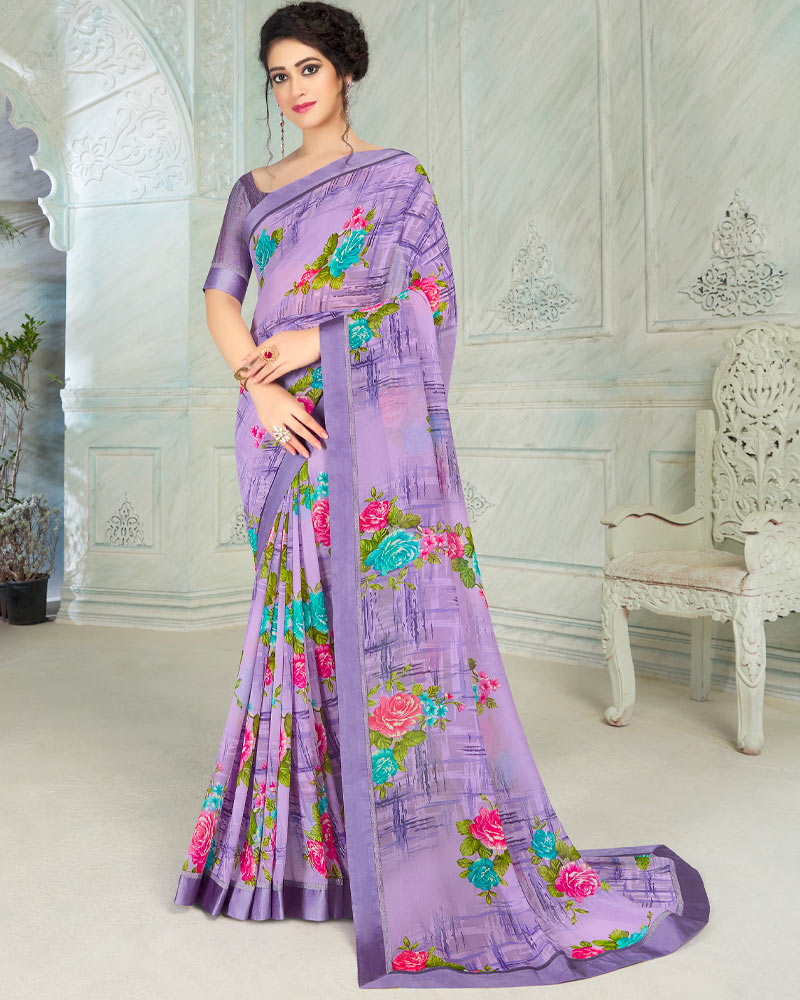 Vishal Prints Lavender Printed Georgette Saree With Border