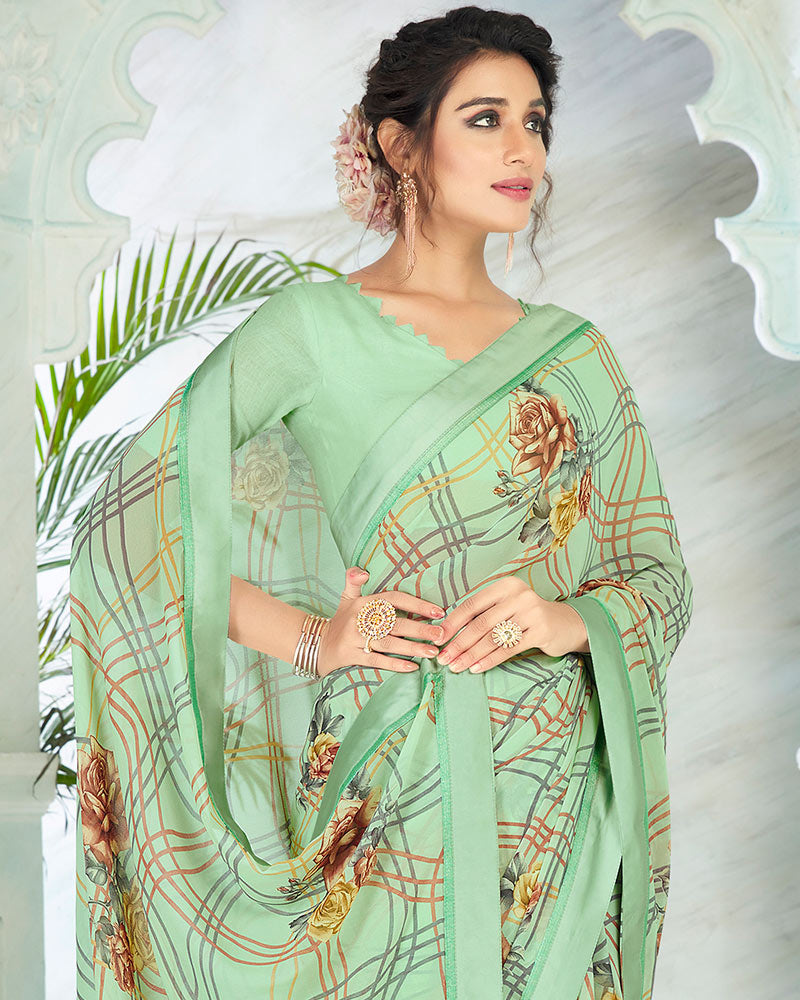 Vishal Prints Turquoise Green Printed Georgette Saree With Border