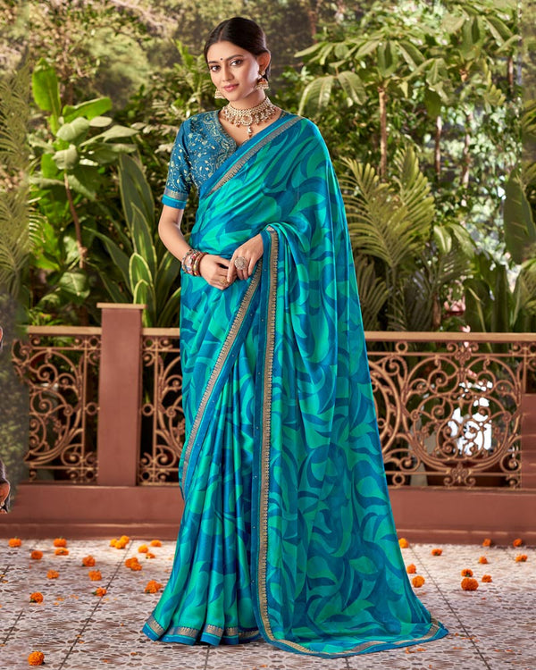 Vishal Prints Peacock Blue Printed Fancy Chiffon Saree With Border
