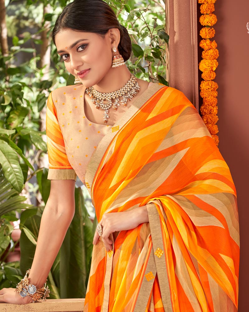 Vishal Prints Yellowish Orange Printed Fancy Chiffon Saree With Border
