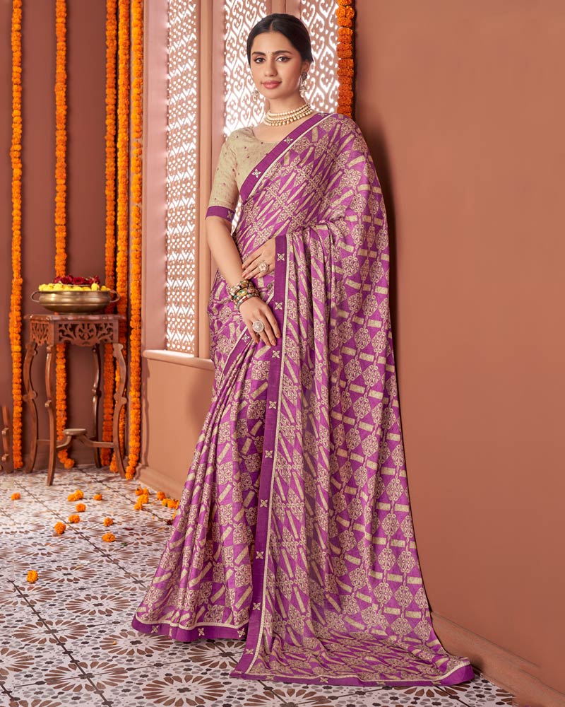 Vishal Prints Purple Printed Fancy Chiffon Saree With Border