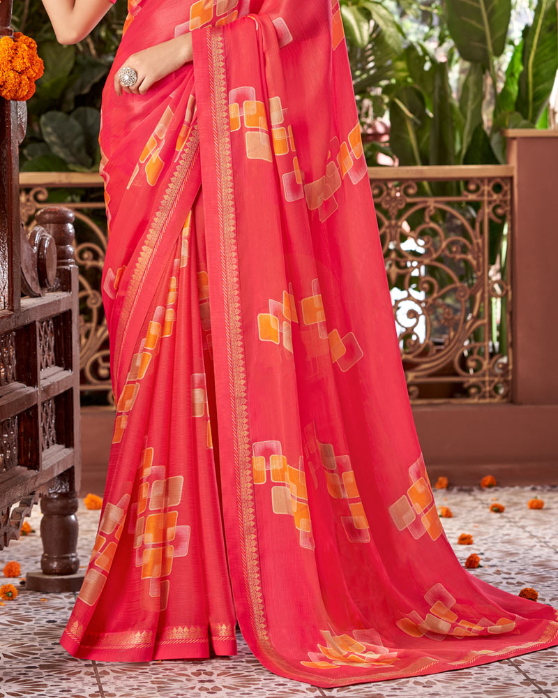 Vishal Prints Mandy Pink Printed Fancy Chiffon Saree With Border