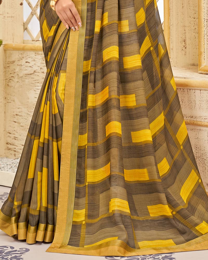 Vishal Prints Yellow And Mustard Brown Printed Georgette Saree With Border