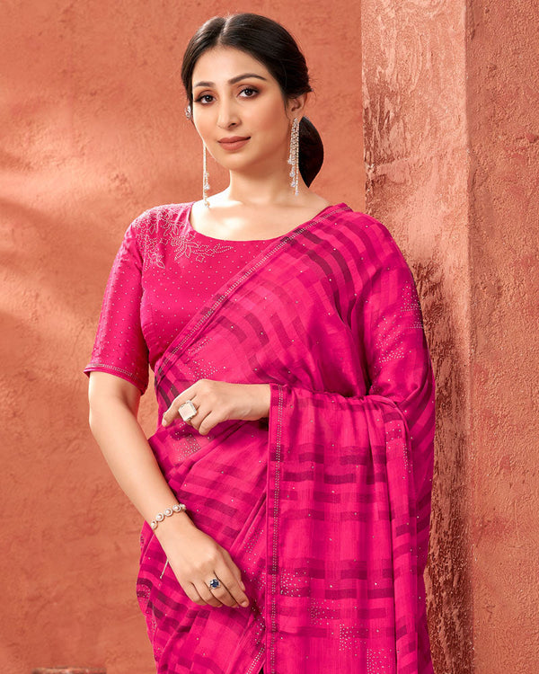 Vishal Prints Hot Pink Designer Fancy Chiffon Saree With Diamond Work And Core Piping